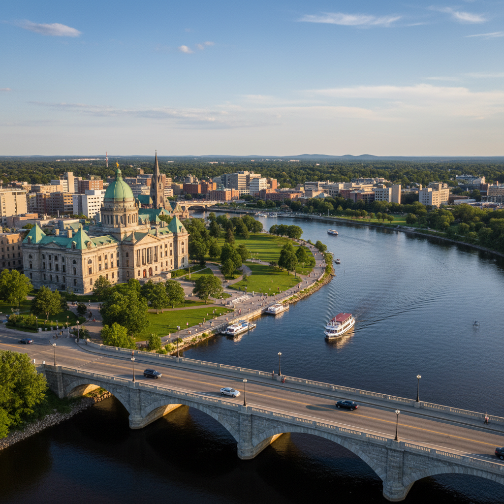 fredericton-digital-marketing-hero.webp Digital marketing services for Fredericton businesses — Saint John River waterfront with provincial legislature and green parks