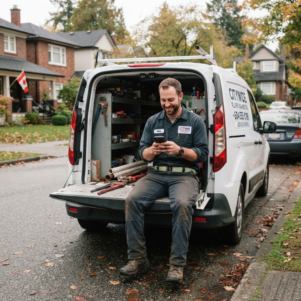 Plumber sitting on the tailgate of his service van checking his smartphone with a satisfied expression — the moment a Map Pack ranking turns into a booked job for a local service business
