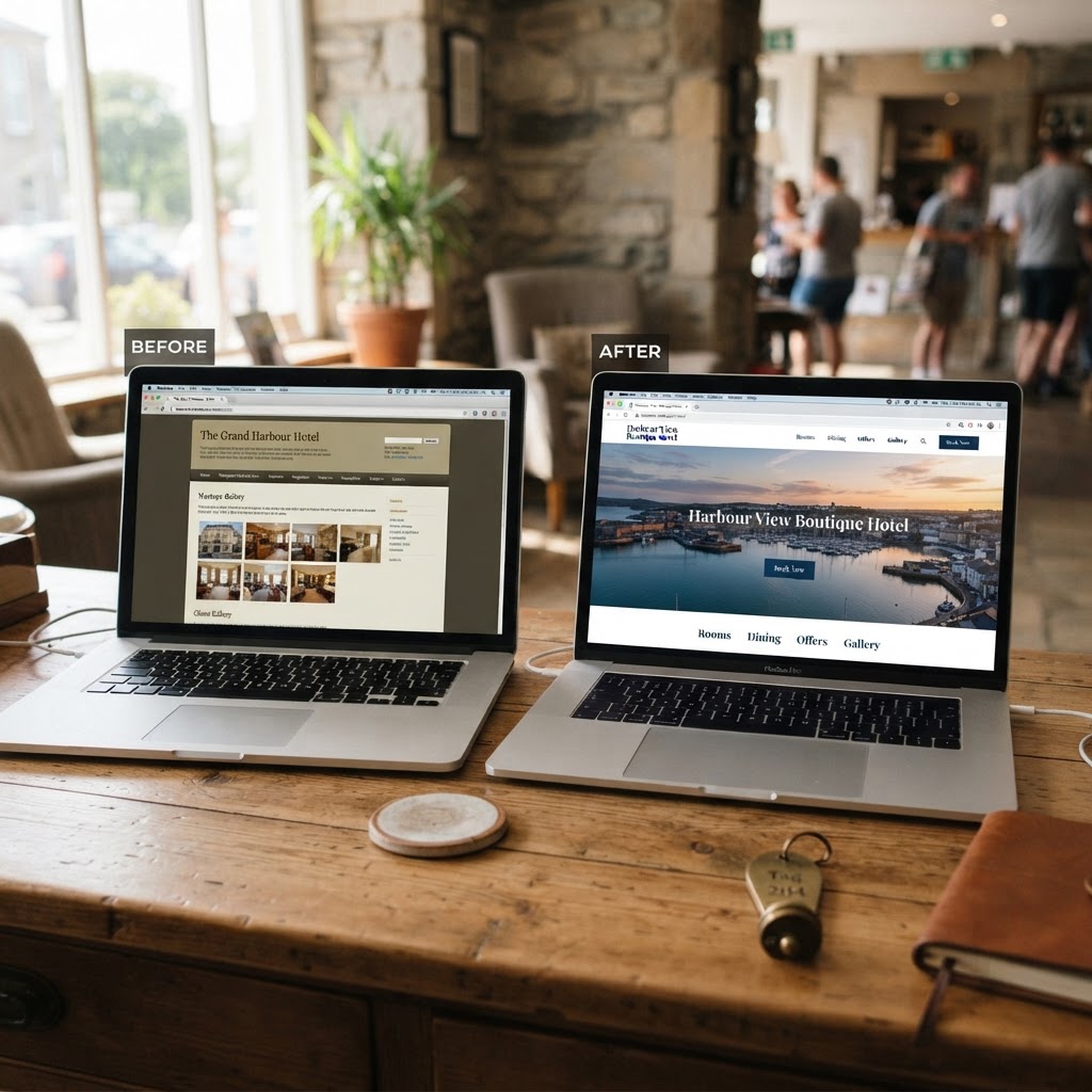 Before and after example of a professionally designed hotel website in Victoria
