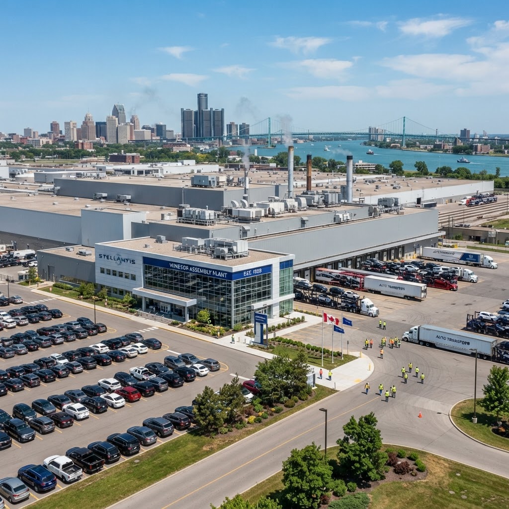 Modern automotive manufacturing facility in Windsor Ontario with the Detroit border skyline in the background — representing how Windsor's automotive heritage and border-city economy shape the unique local search landscape across Google, Maps, and AI platforms