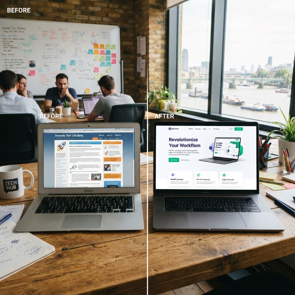 Before and after example of a professionally designed technology startup website in Fredericton