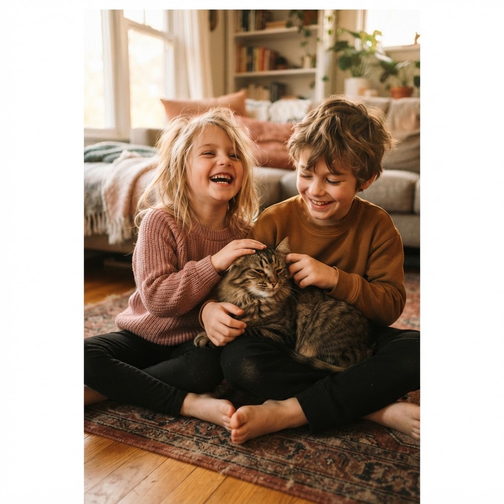 Children cuddling a rescued cat