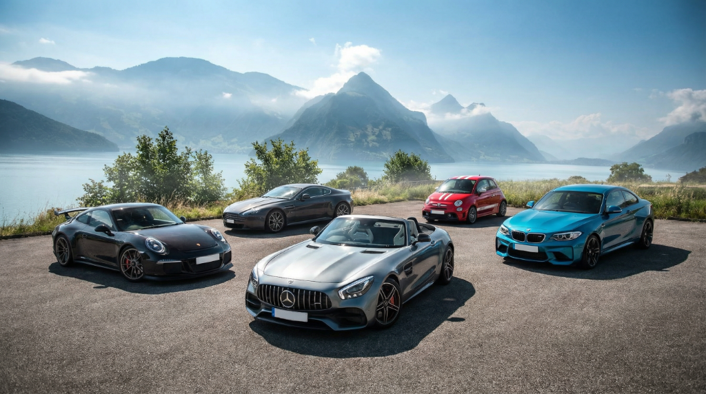 Rally fleet at a mountain vista — Swiss Alps