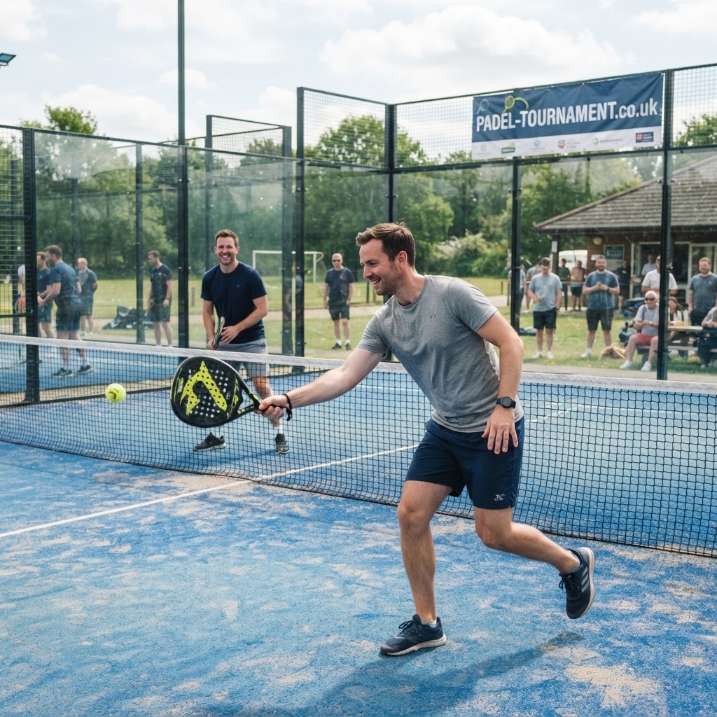 Amateur padel league action shot — two recreational players mid-rally on a community padel court, featured on padel-tournament.co.uk