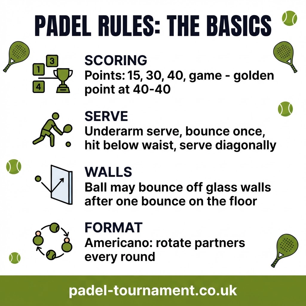 Padel rules infographic: scoring, serve, walls and the Americano tournament format