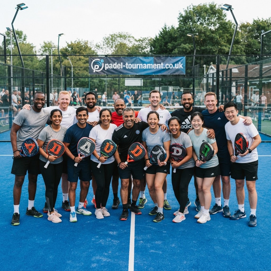 Amateur padel league group photo with mixed ages and skill levels on padel-tournament.co.uk