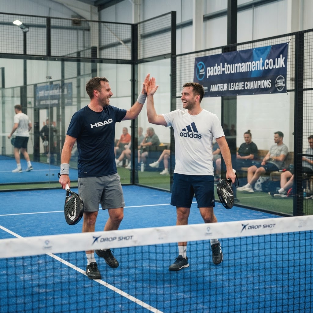 Amateur padel doubles partners high-fiving after a league win on padel-tournament.co.uk