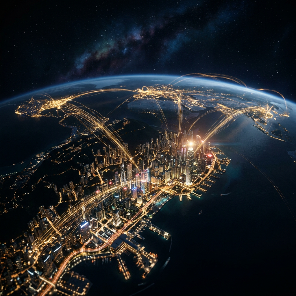 Illustration of a connected global city and Earth at night