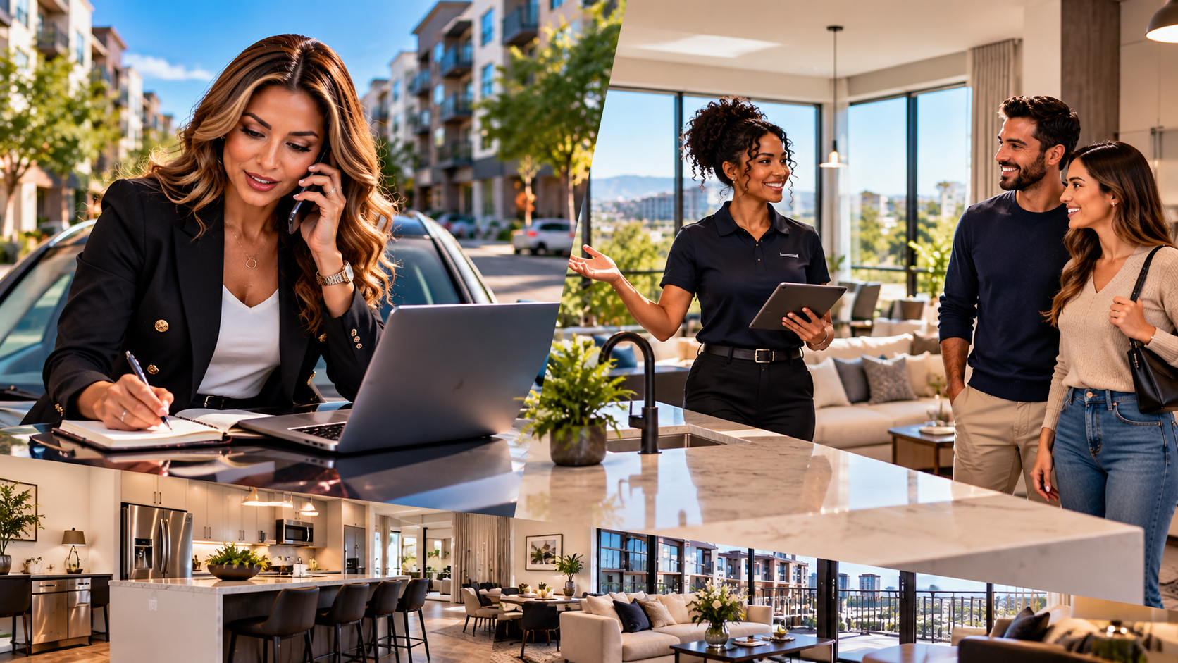 An agent coordinating showings by phone and laptop while a touring professional walks a couple through a modern apartment