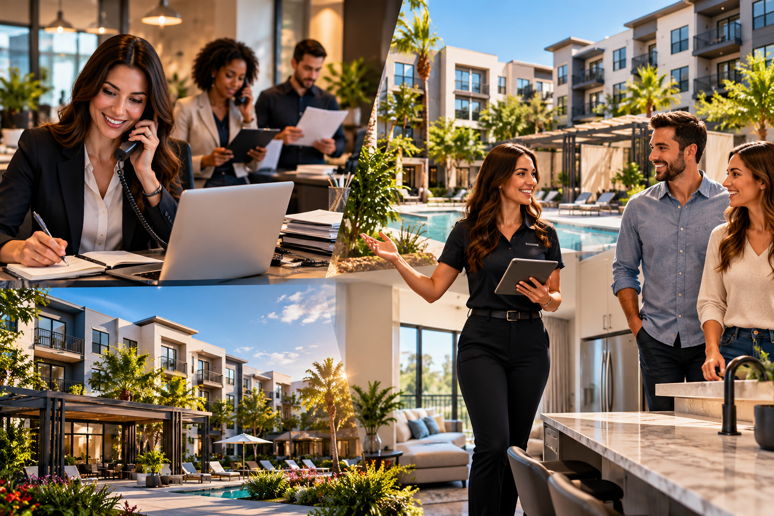 Apartment leasing teams handling calls and paperwork while a leasing professional tours a prospect through a modern community kitchen
