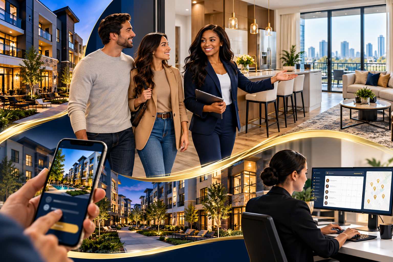 A LeasedTourz touring professional showing a couple a luxury apartment, a mobile tour experience, and a portfolio dashboard with live tour tracking