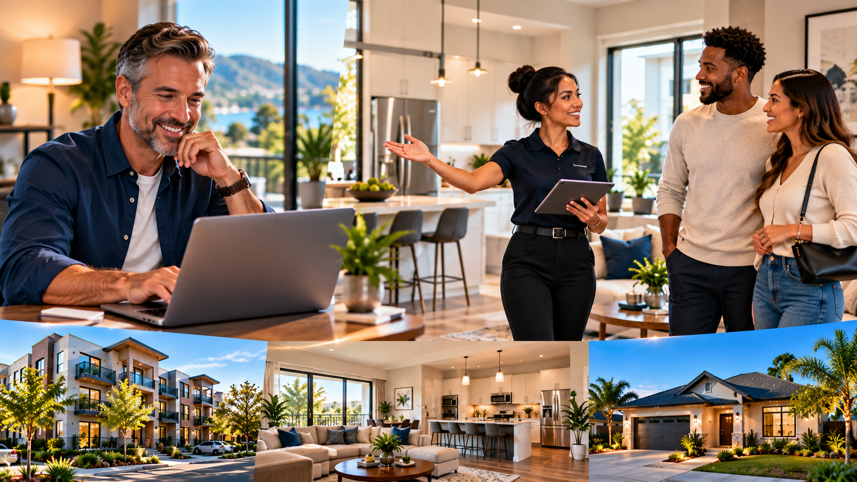 A remote property owner reviewing details on a laptop while a touring professional walks a couple through a modern rental home