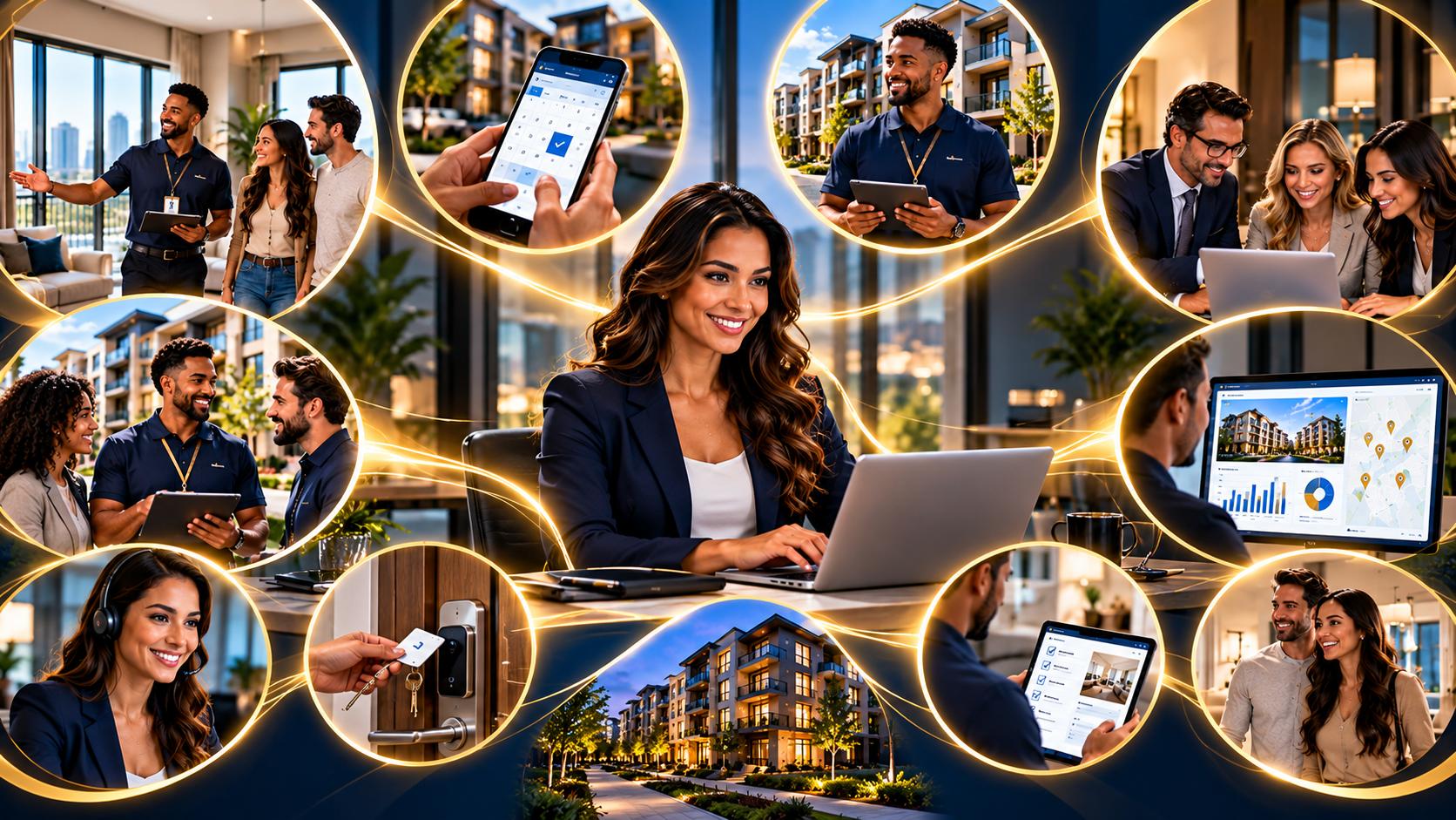 A leasing operator at a laptop connected by golden light trails to showing appointments, scheduling tools, dashboards, smart-lock access, and property photography