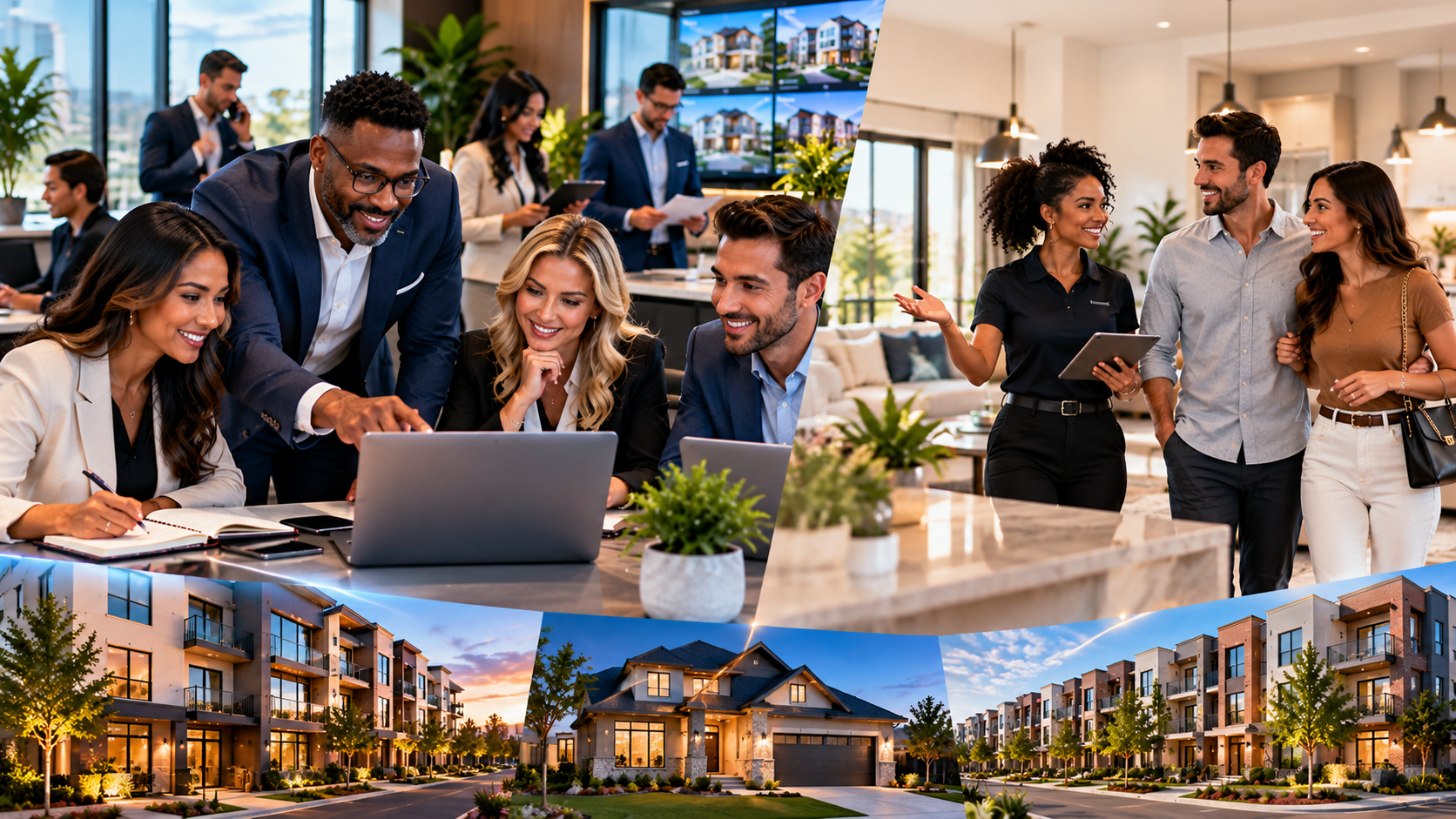 Touring professionals reviewing property details with clients in a modern apartment community
