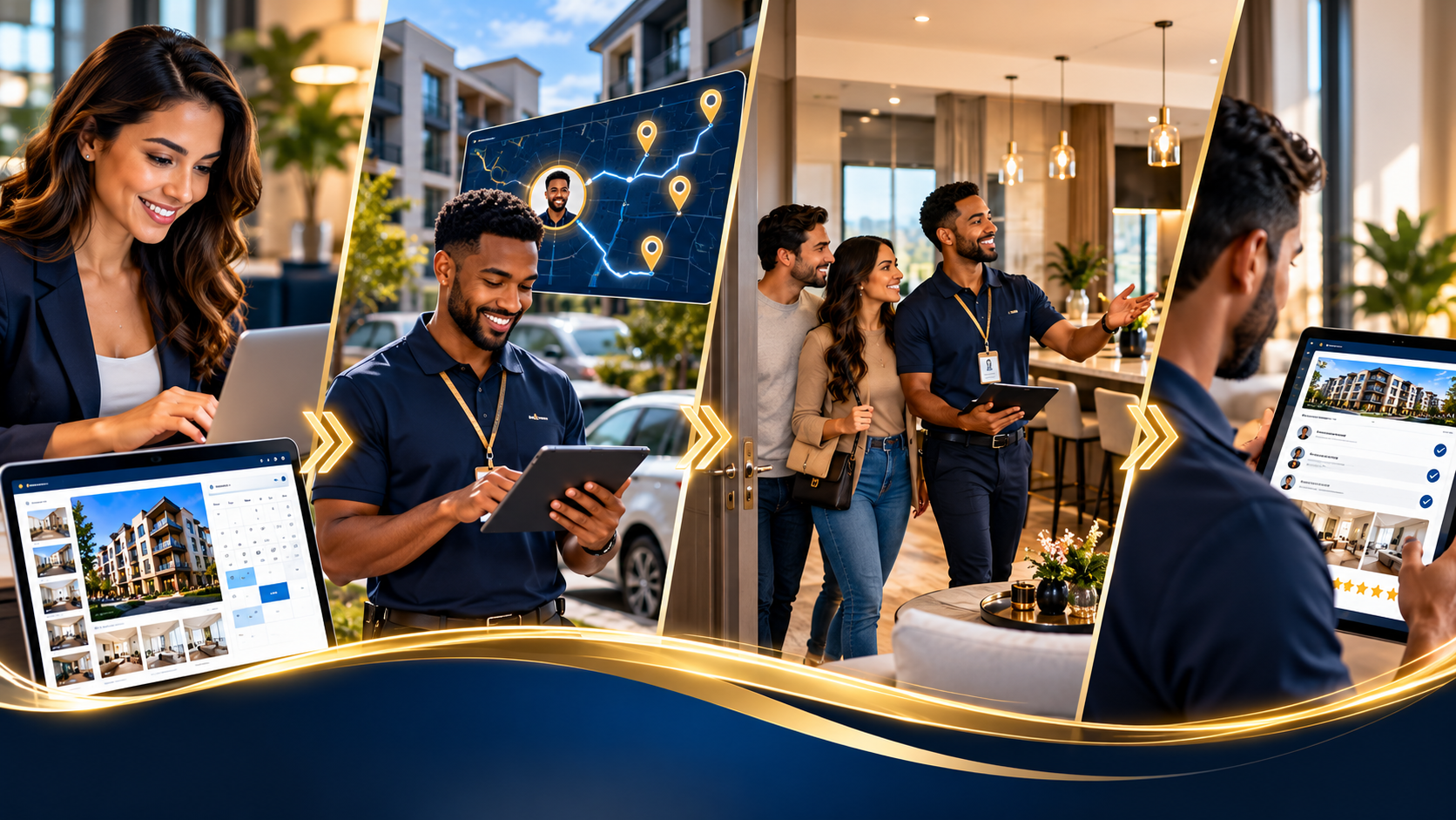 Four-step LeasedTourz workflow: a leasing team requesting a showing, a touring professional routed by map, the in-person showing, and the completed tour report