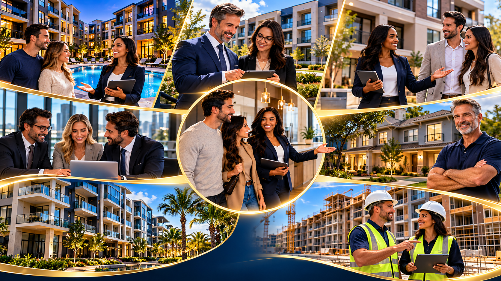 A gold-framed collage of leasing professionals, property teams, apartment communities, and construction site walkthroughs served by LeasedTourz