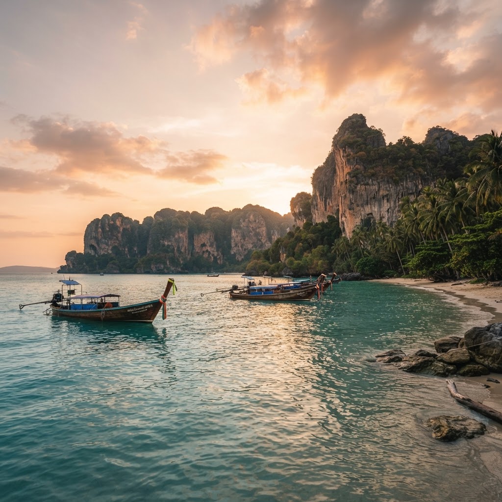 Limestone cliffs rising from the Andaman Sea in Krabi, Thailand