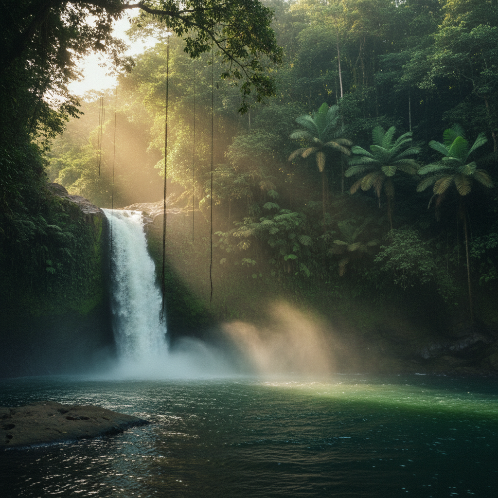 Waterfall deep in the Costa Rica jungle surrounded by lush rainforest