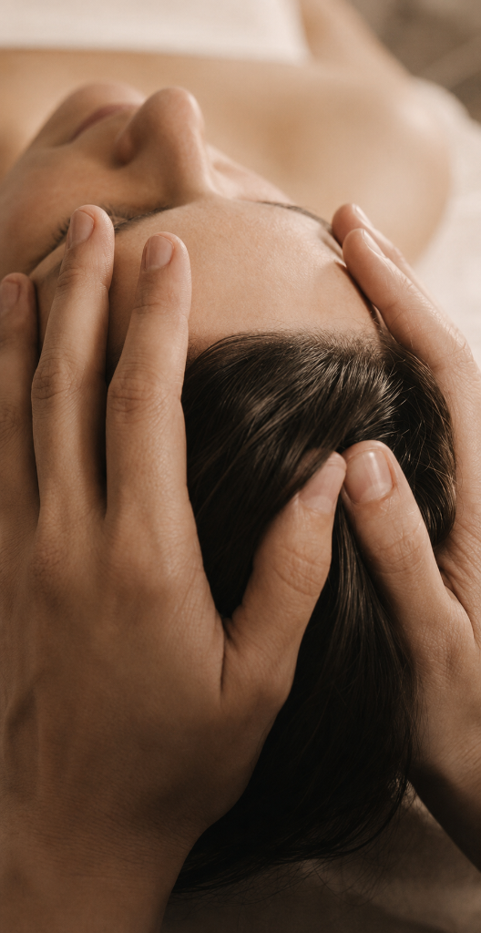 Gentle hands cradling the head during a craniosacral session