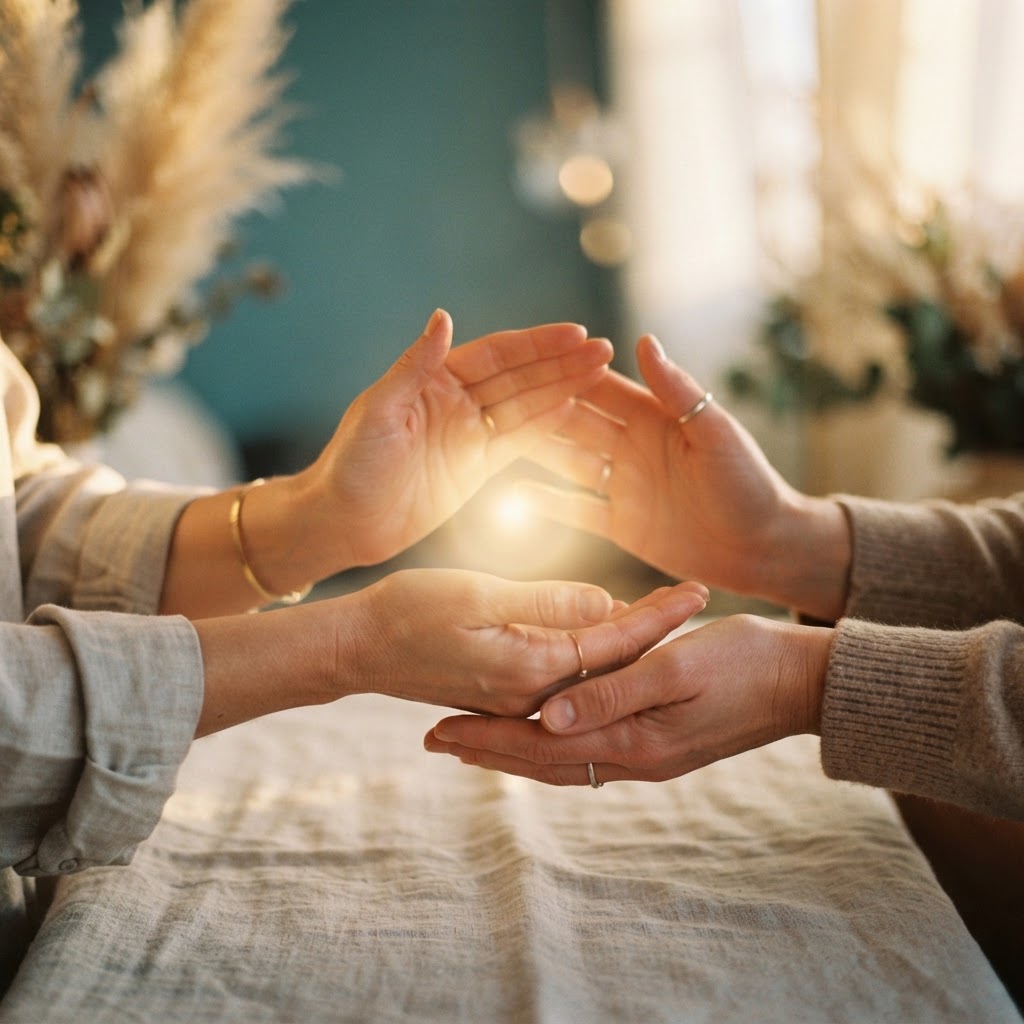 Two pairs of hands exchanging golden energy light