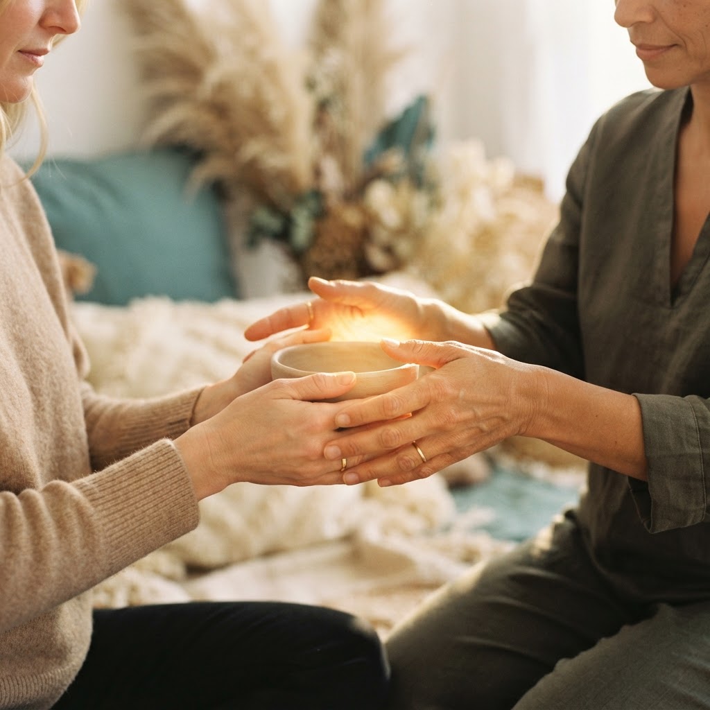A mentor's hands guiding a student's hands in golden light