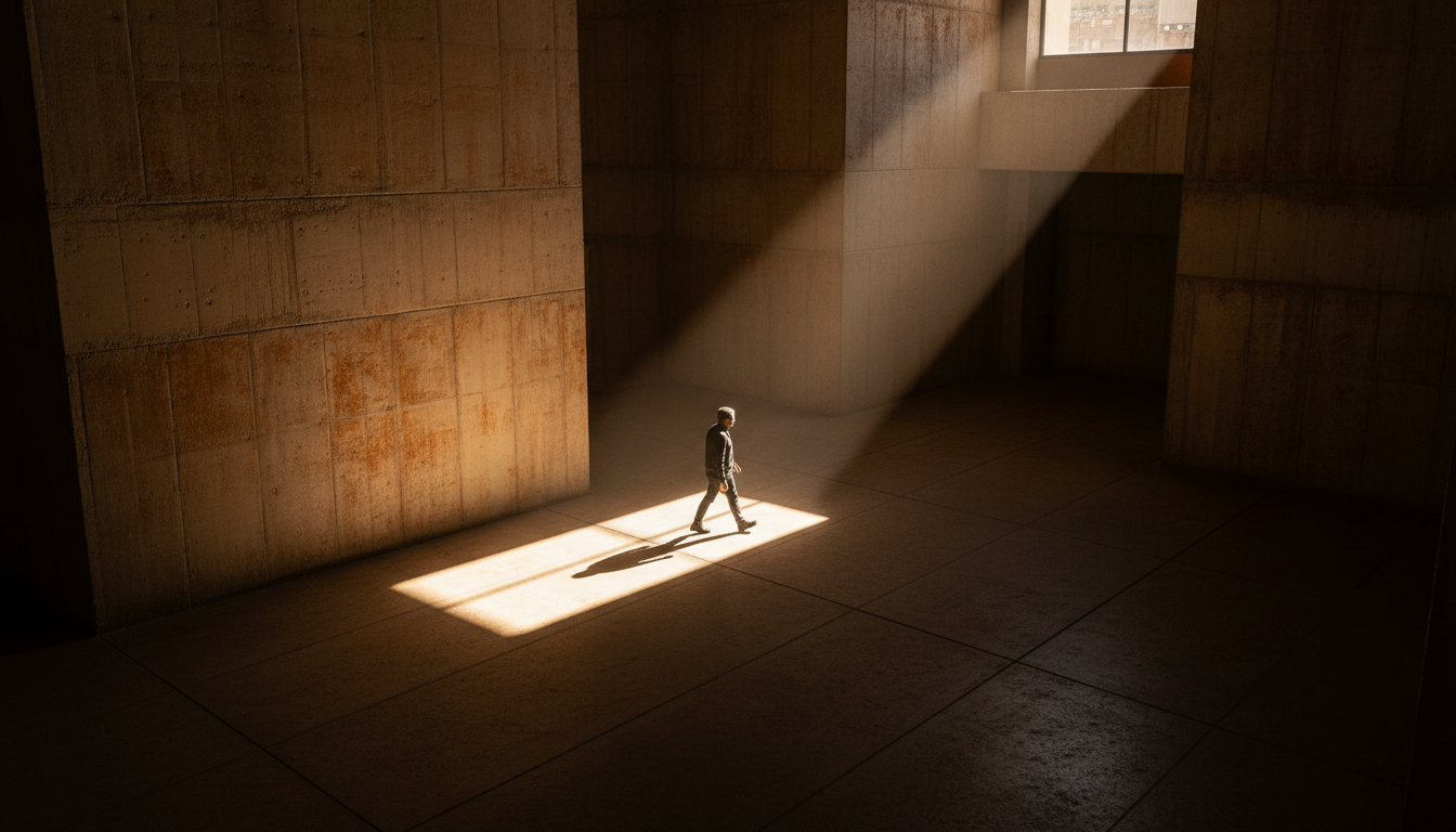 Brutalist architectural space with dramatic lighting