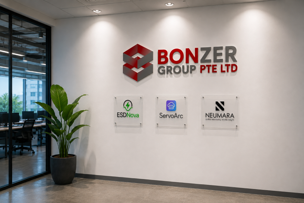 Bonzer Group office branding wall displaying services and sub-brand logos