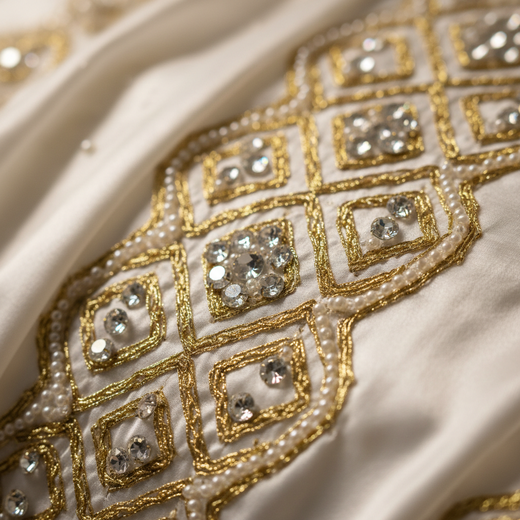 Intricate gold thread and crystal beadwork on bridal silk