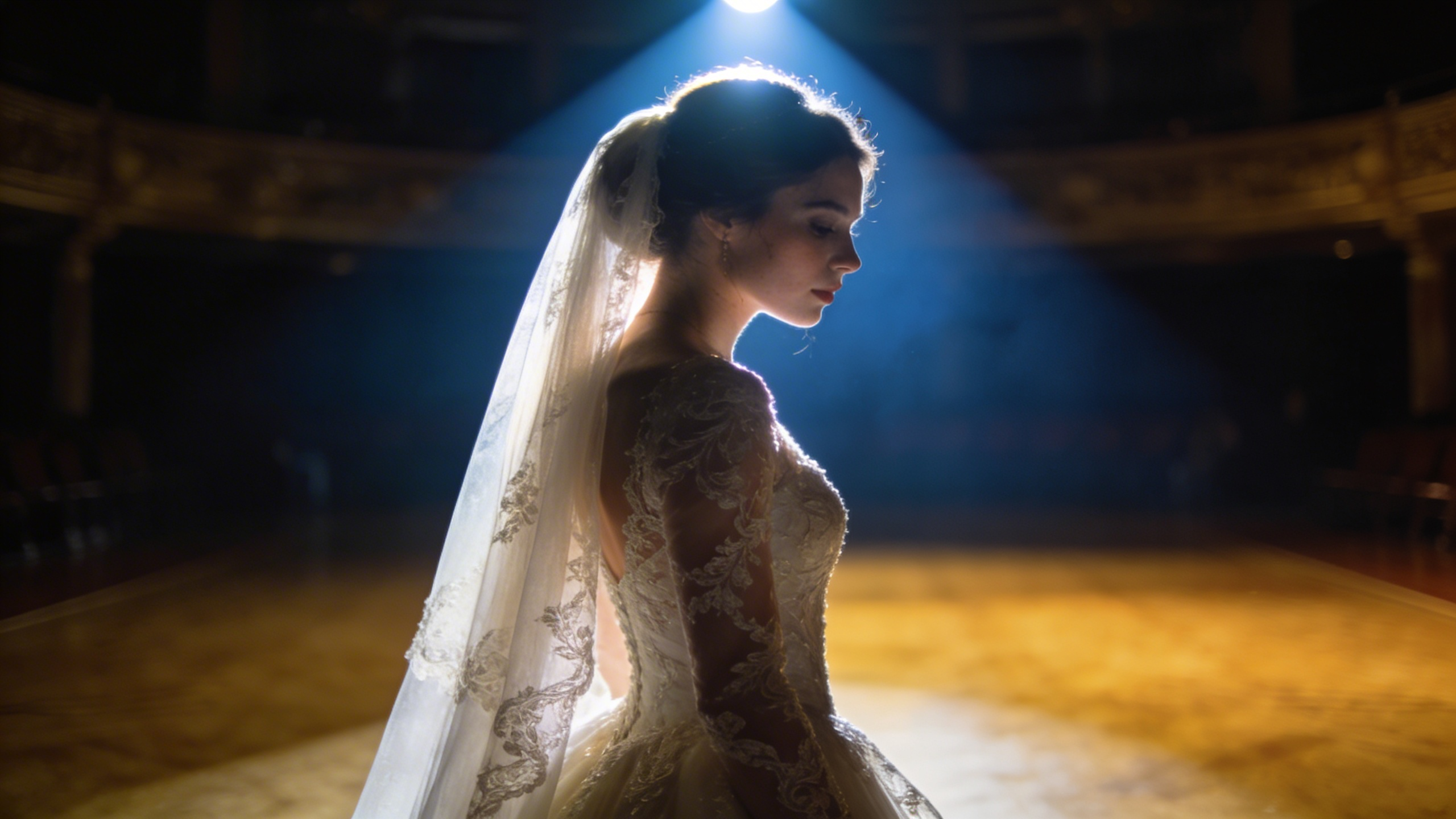 Bride in profile wearing a lace long-sleeve ball gown and embroidered cathedral veil, standing under a blue spotlight on a polished theater floor with a blurred gilded balcony in the background.