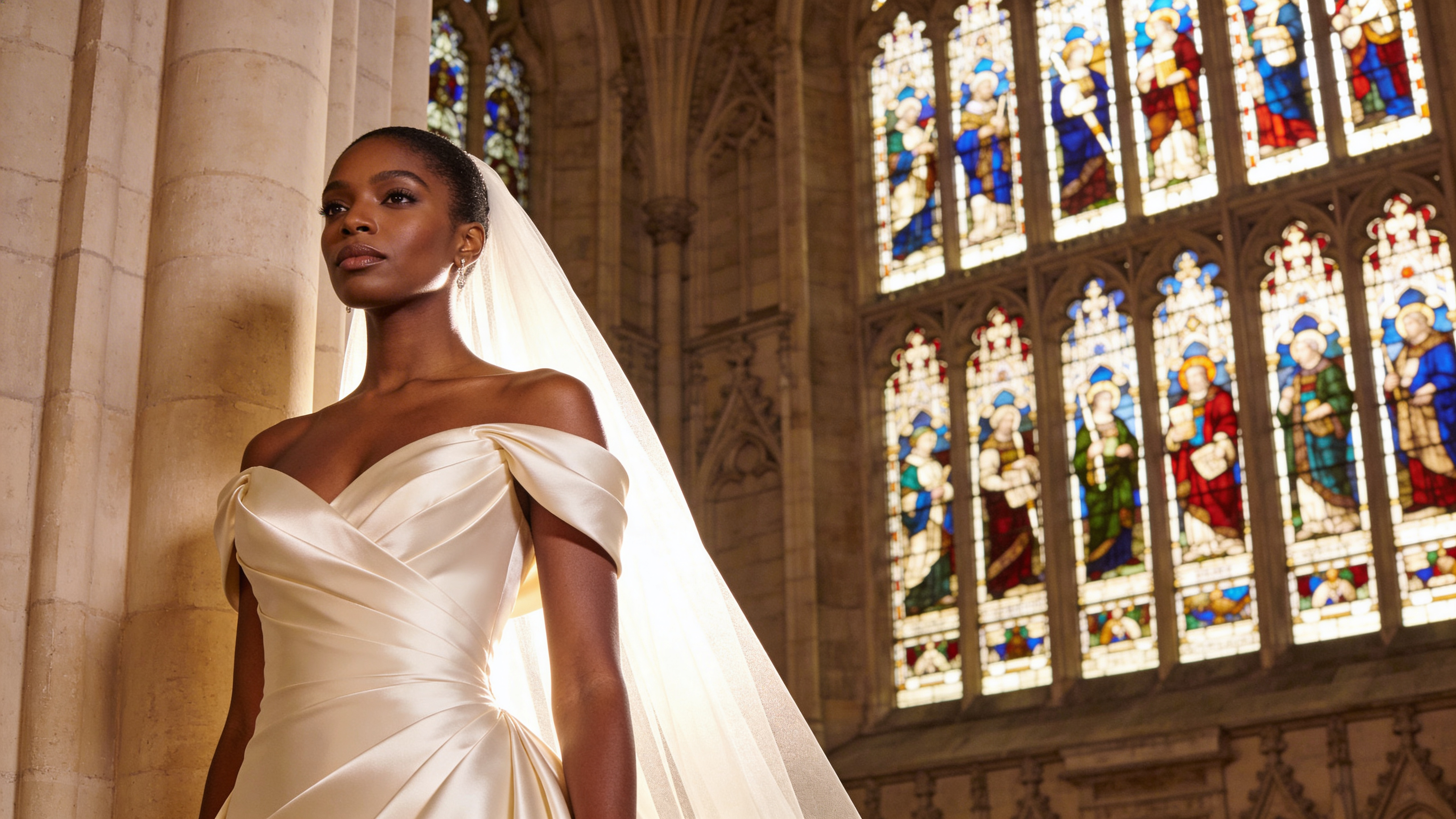 Bride in an ivory satin off-the-shoulder wedding gown with a folded, pleated bodice and ruched waist stands beside a carved stone column in a cathedral. A long cathedral veil trails behind her while warm sunlight filters through tall stained-glass windows, illuminating the gown’s sheen and the ornate interior.