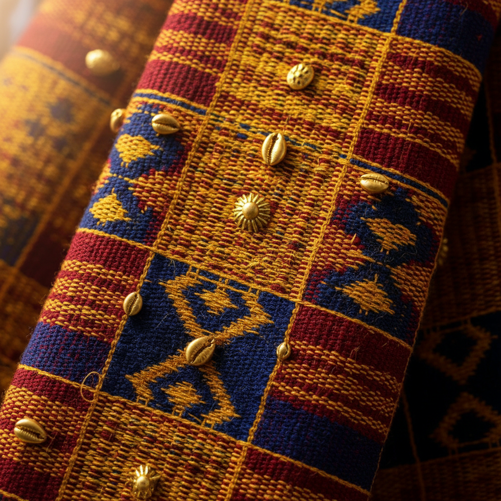 Intricate hand-woven kente cloth with vibrant geometric patterns