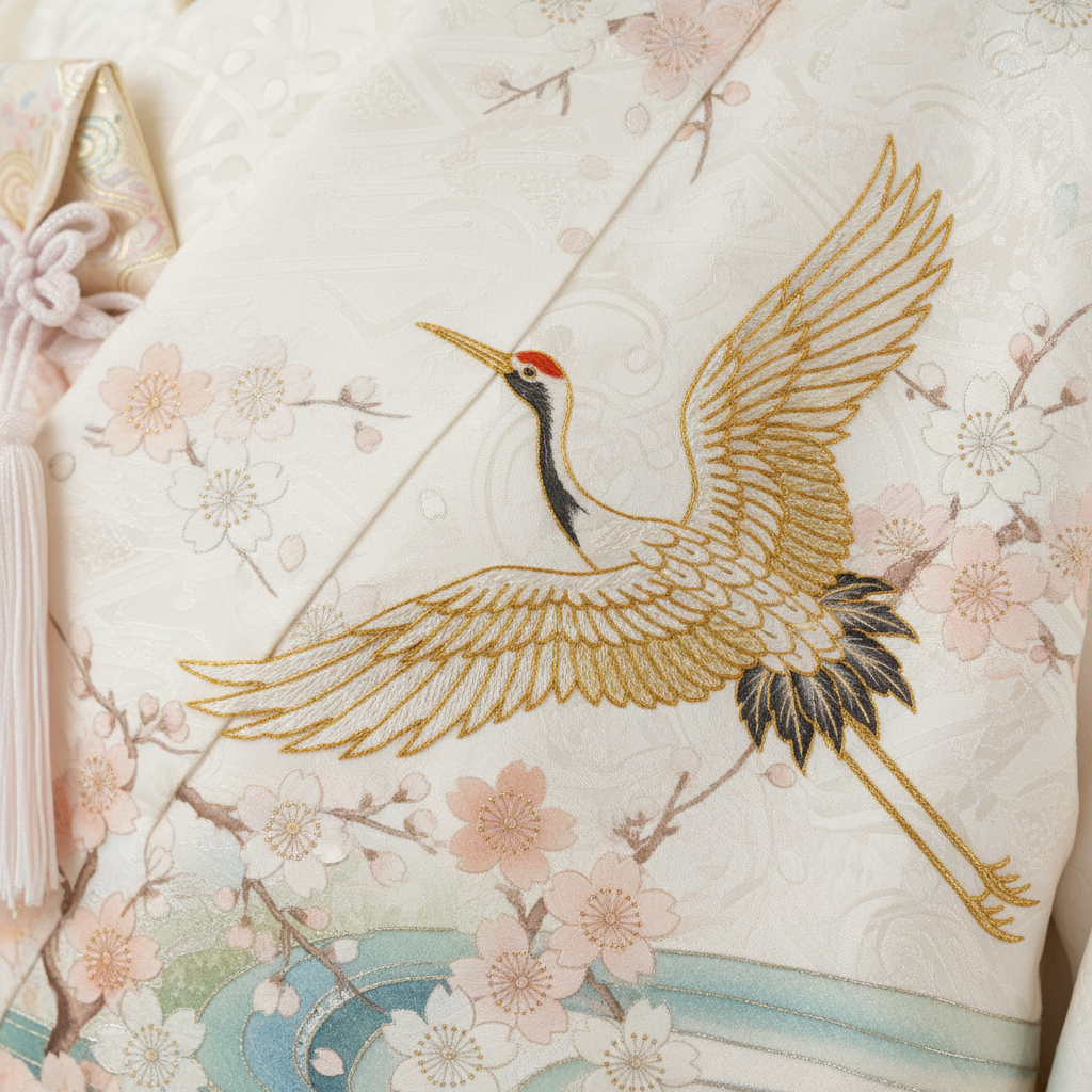 Intricate gold thread crane embroidery on silk kimono
