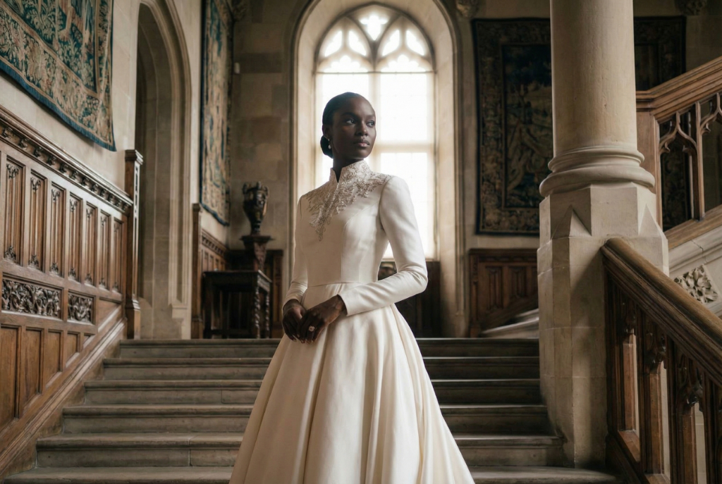 A sophisticated Black bride standing on a grand stone staircase in a modest, high-neck white bridal gown with intricate embroidery.