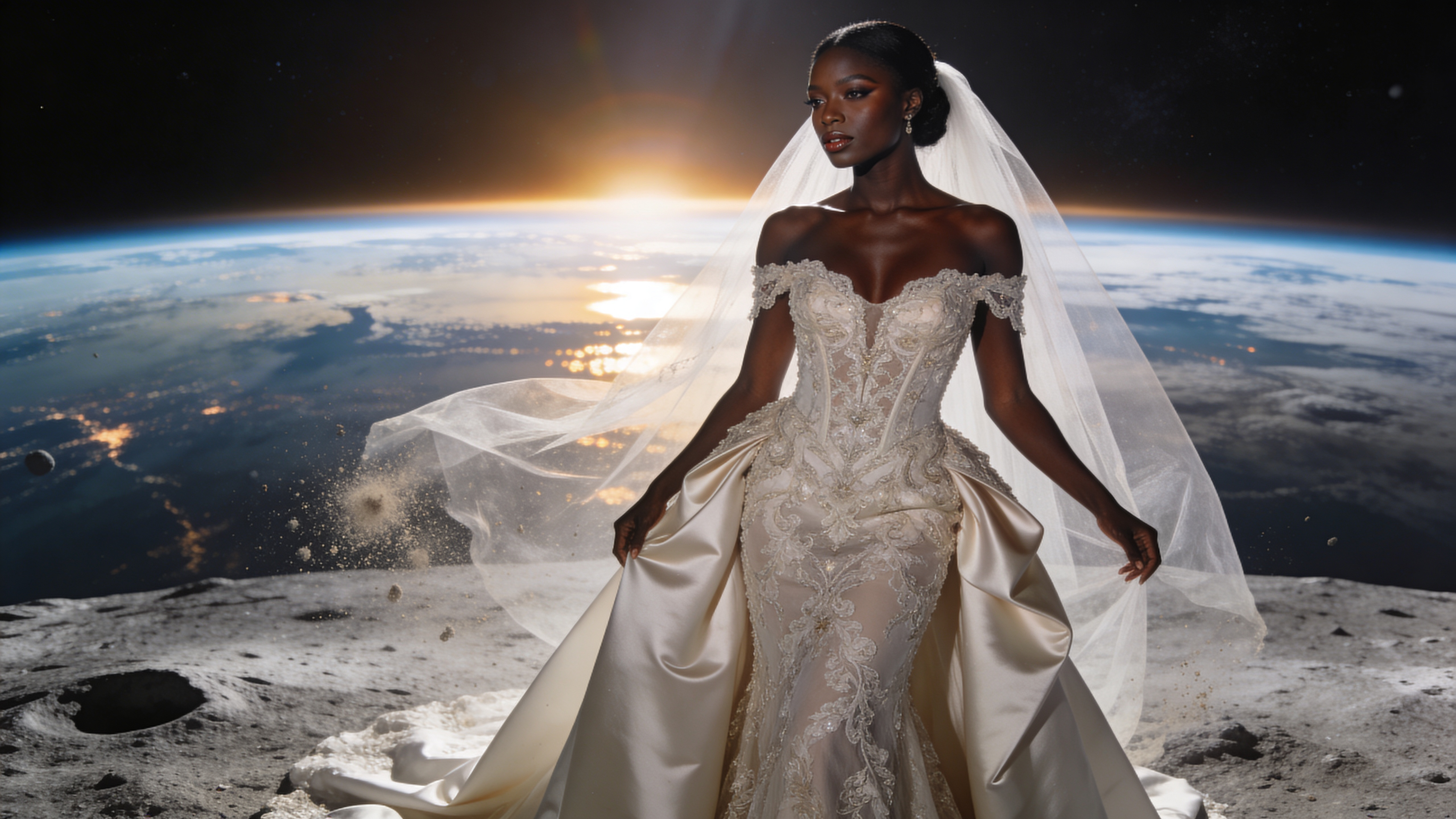 Bridal portrait on a moonlike rocky surface with Earth rising on the horizon. The bride wears an off-shoulder, corseted gown richly embroidered with lace and beadwork, a satin overskirt draped at the hips, and a long sheer veil that billows behind her, illuminated by warm sunrise light over the planet.