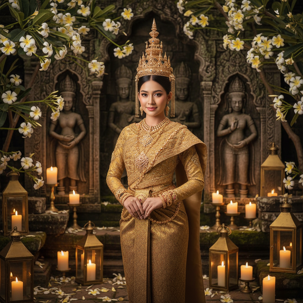 Cambodian bride in Khmer gold brocade with tiered crown among frangipani flowers