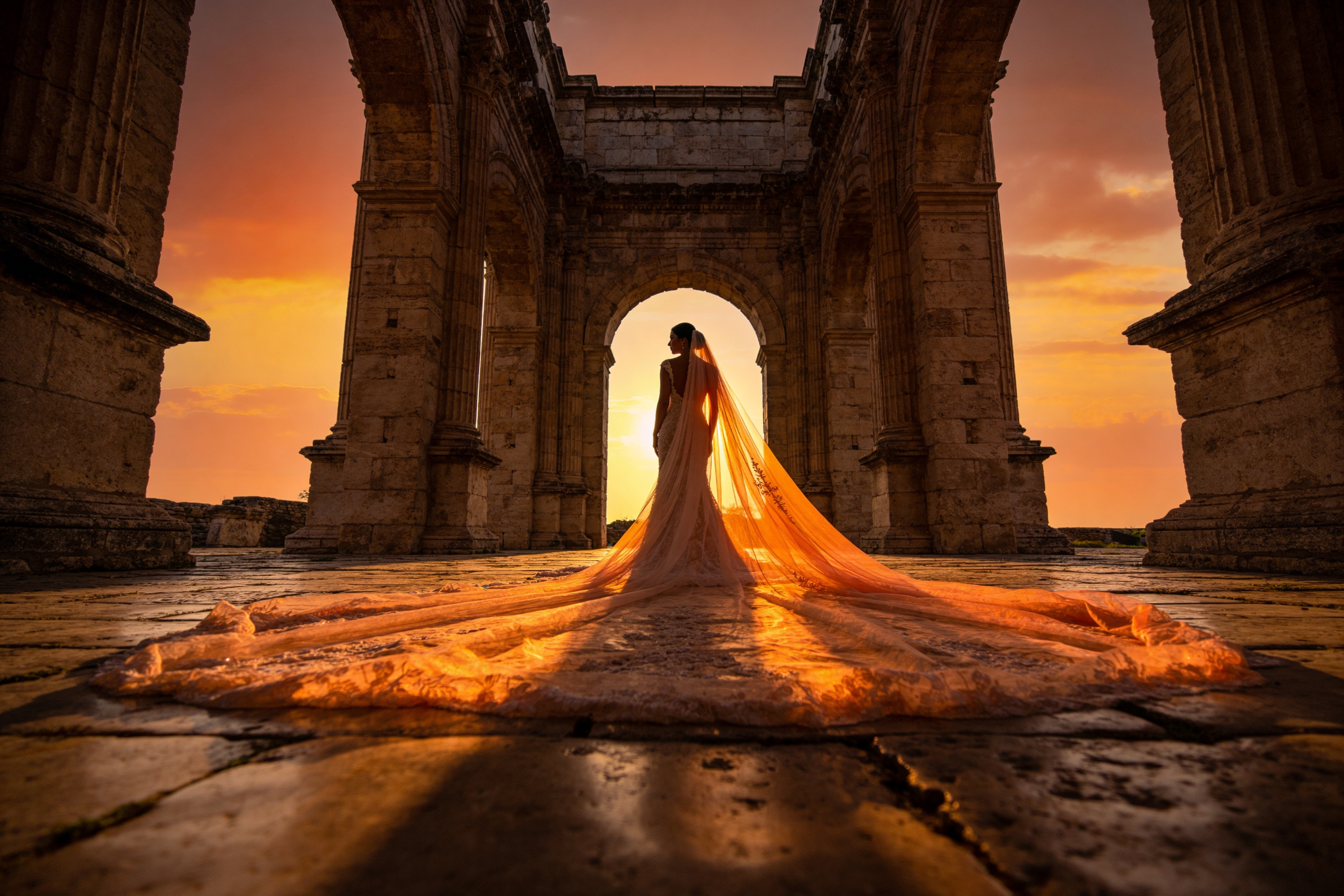 Backlit bride standing beneath an ancient stone arch at sunset, wearing a fitted lace gown and a long cathedral veil that glows amber as it cascades across the weathered stone floor.