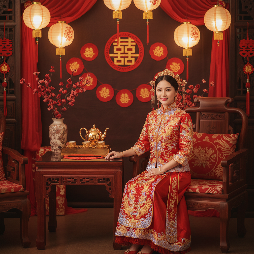 Chinese tea ceremony bridal setting with red and gold decor