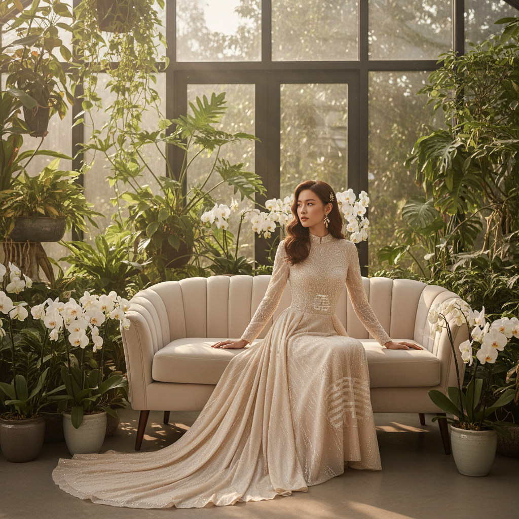 Modern bride in champagne-gold gown in a sunlit conservatory