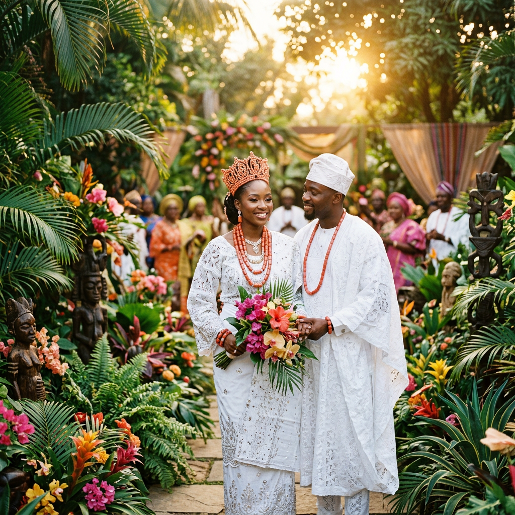 Traditional Yoruba bride with coral beads in a lush garden