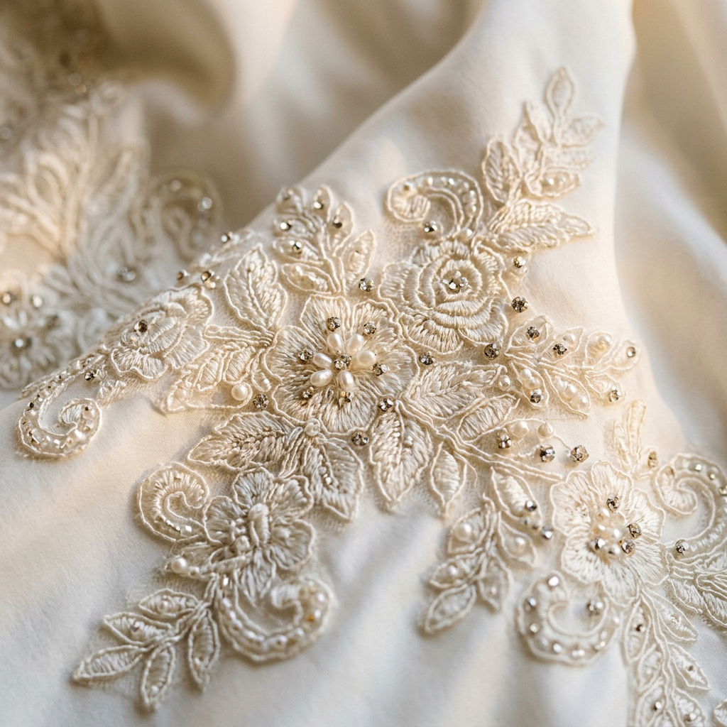 Intricate hand-embroidered lace on bridal gown