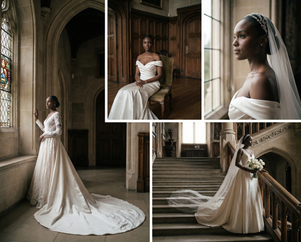 Elegant Black bride in white wedding gowns photographed inside a historic manor with stained glass windows, staircase portraits, and bridal veil close-up