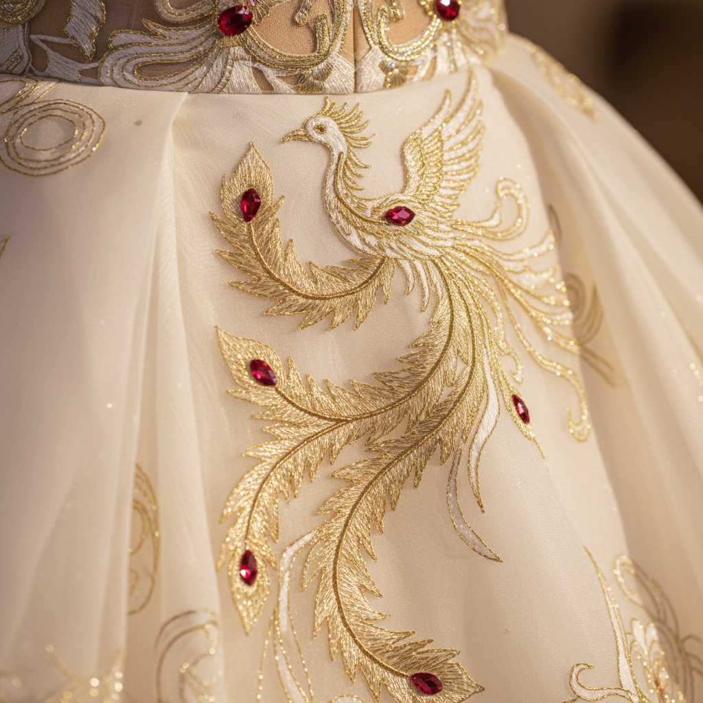 Gold phoenix embroidery detail on white silk organza