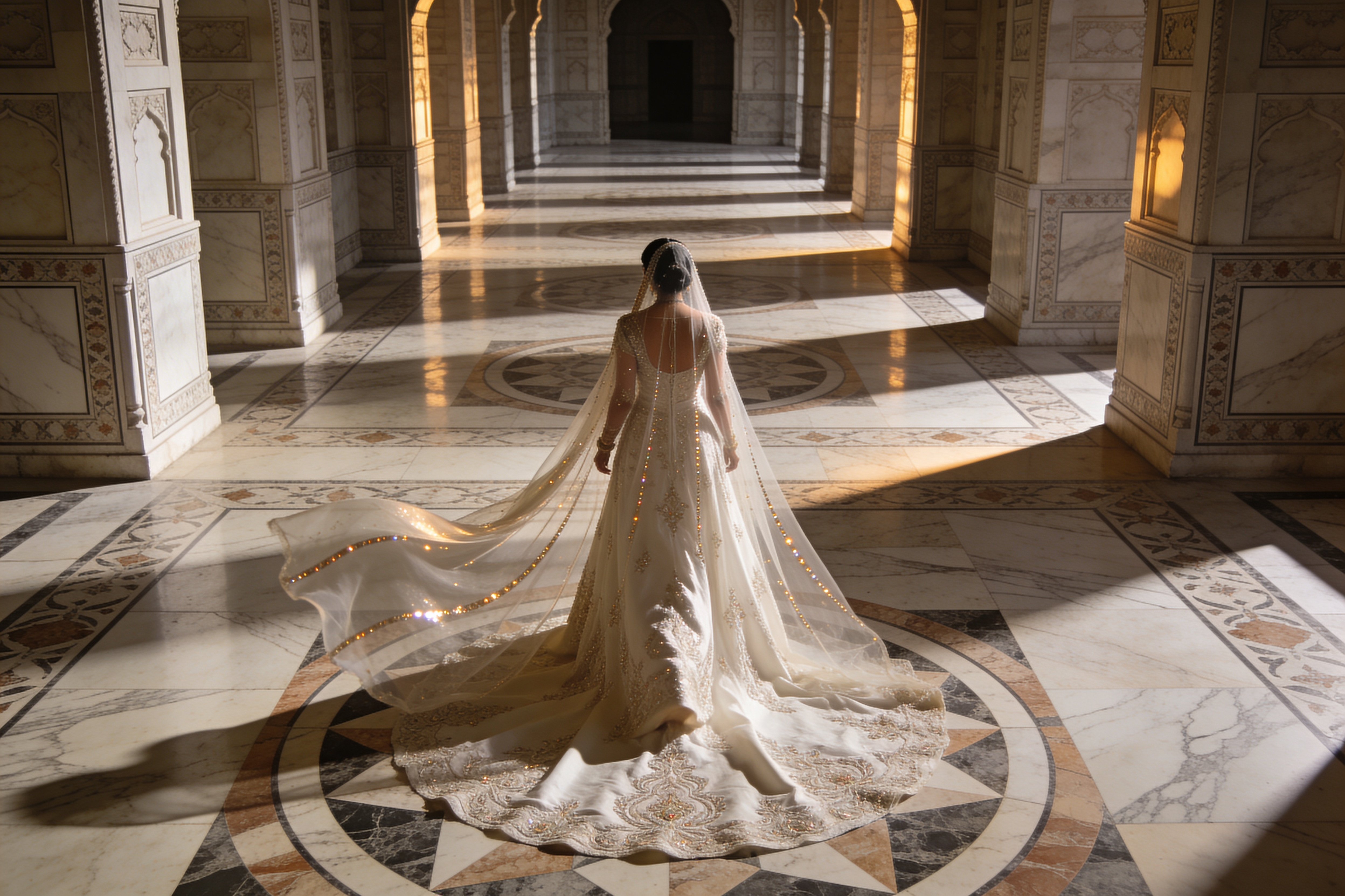 Back view of a bride standing on an ornate marble medallion in a sunlit arcade. She wears a fitted, embroidered wedding gown with a scalloped cathedral train and a long translucent veil edged with jeweled accents. Warm light streams through carved arches, casting geometric shadows across the inlaid marble floor and columns.