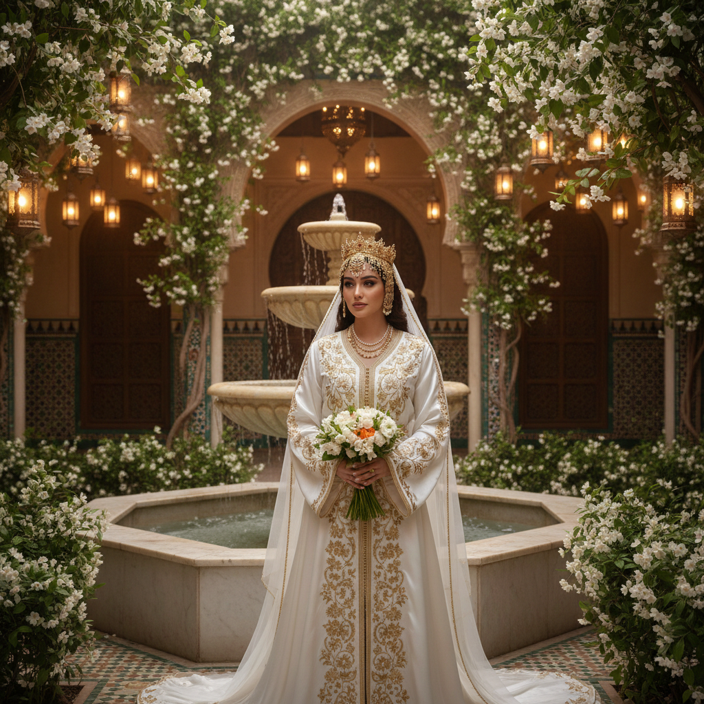 Bridal courtyard with fountain, jasmine flowers and Moorish architecture