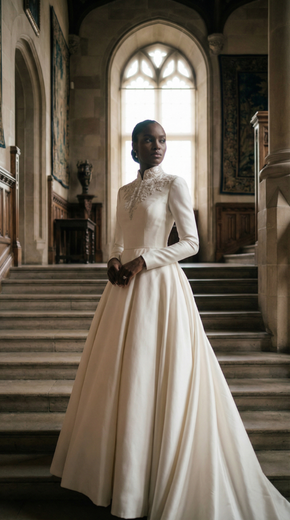Bride in elegant gown on grand staircase