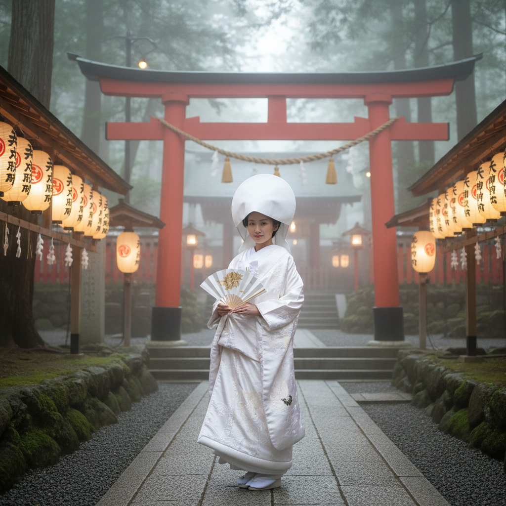 Shinto shrine bridal ceremony with paper lanterns