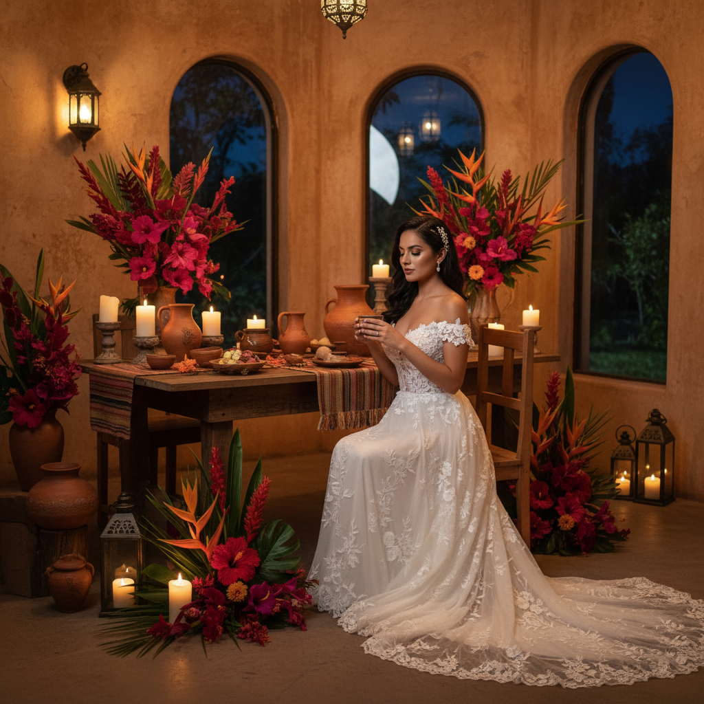 Romantic bridal setting with tropical flowers and candlelight