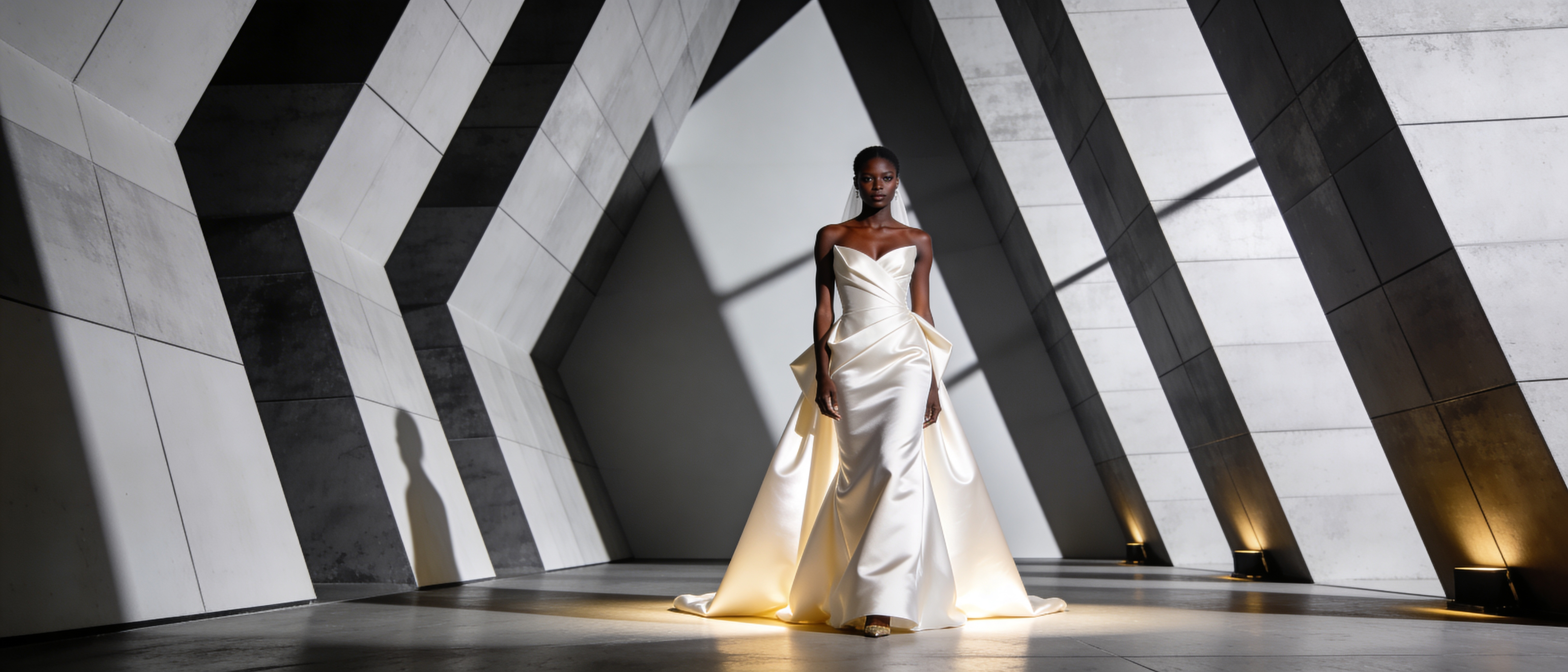 Bridal portrait in a modern, geometric hall: a model wears a strapless satin wedding gown with a sweetheart neckline, fitted mermaid silhouette and structured overskirt that forms a long train. Warm uplighting from floor fixtures illuminates the hem while stark architectural arches and dramatic shadows frame the scene, creating a minimalist, editorial atmosphere.