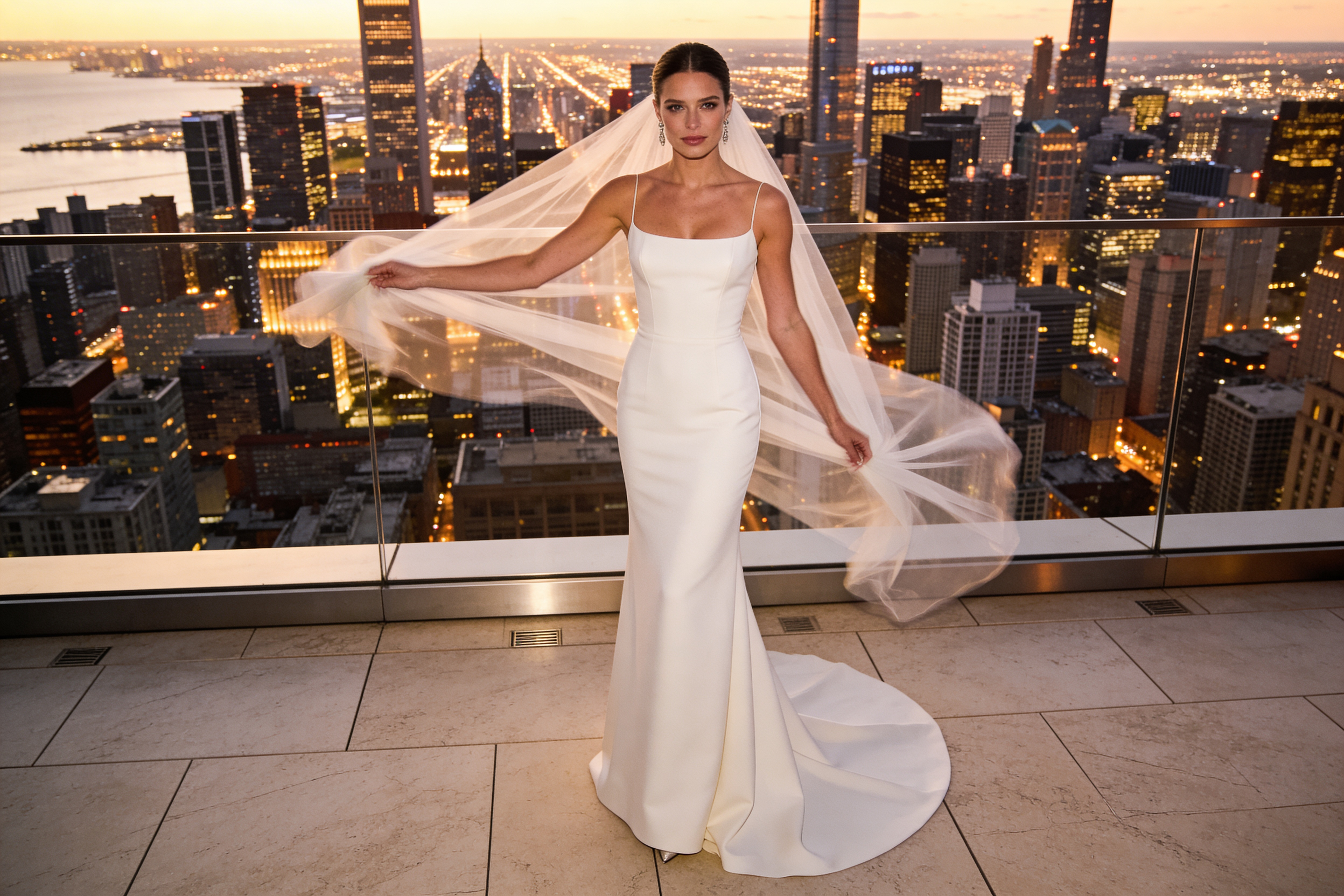 Bride in a sleek white fitted column wedding gown with spaghetti straps and square neckline, holding a long sheer veil that billows behind her while standing on a rooftop terrace with glass railing overlooking a lit city skyline at dusk.