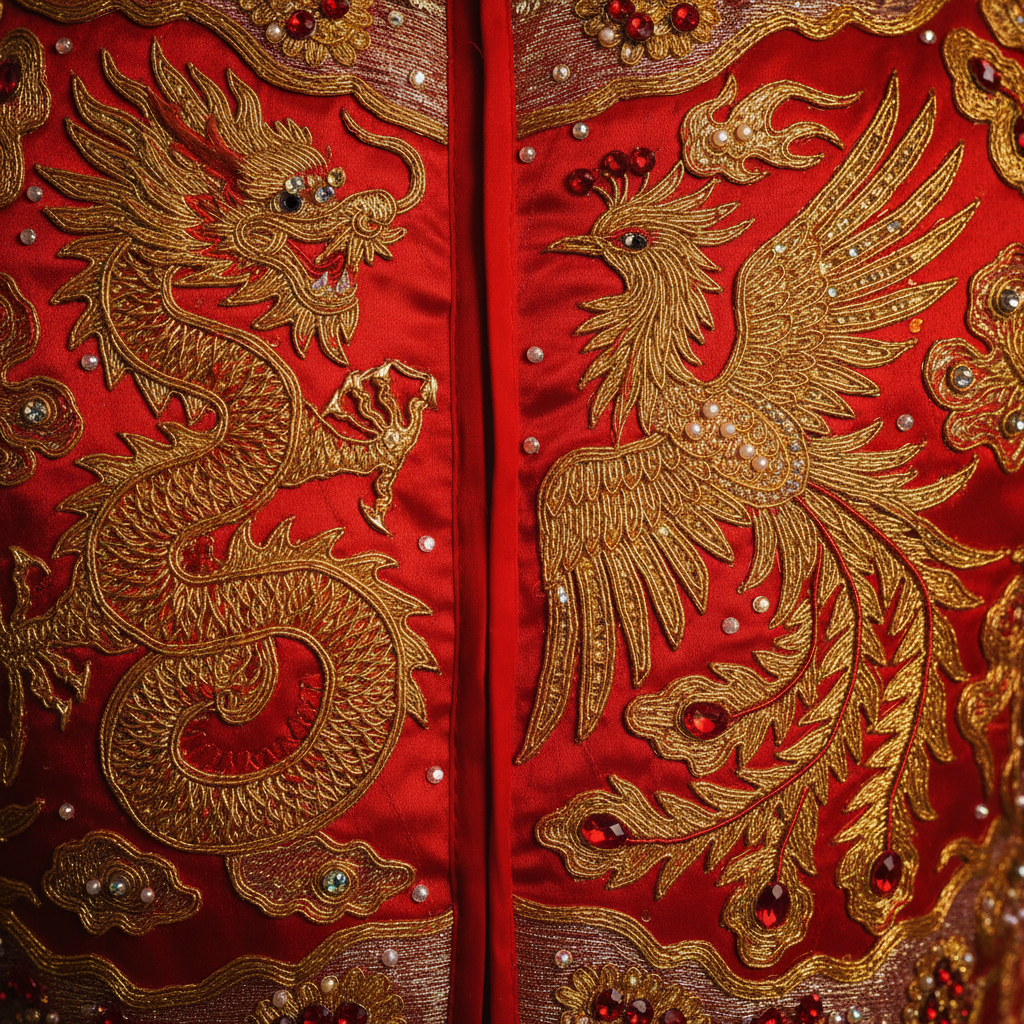 Gold dragon and phoenix embroidery on red silk
